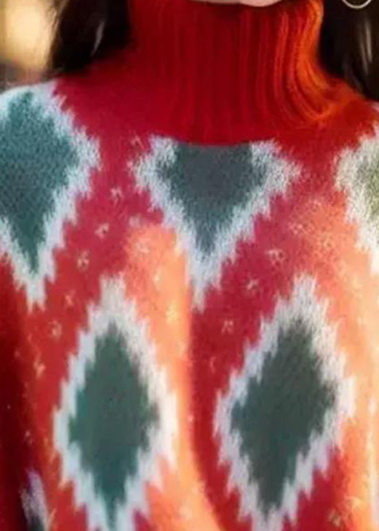Italian Red Hign Neck Geometric Print Woolen Short Sweater Spring Yy020