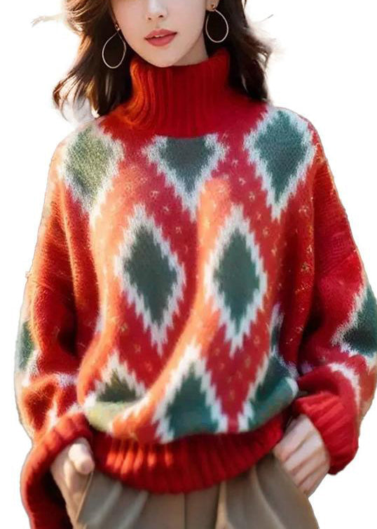 Italian Red Hign Neck Geometric Print Woolen Short Sweater Spring Yy020