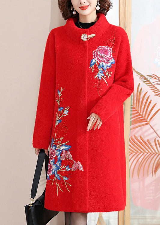 Italian Red Stand Collar Button Maxi Mink Velvet Wool Coats Spring Ta036