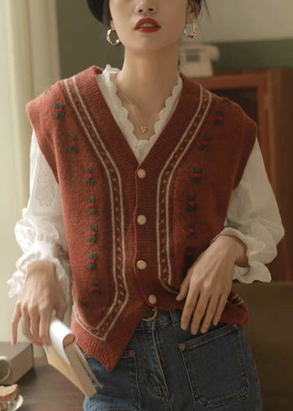 Italian Red V Neck Button Patchwork Knit Waistcoat Sleeveless Tu031