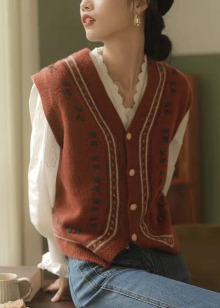 Italian Red V Neck Button Patchwork Knit Waistcoat Sleeveless Tu031
