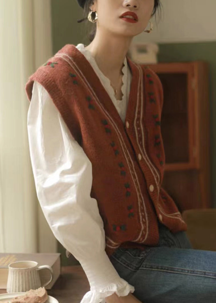 Italian Red V Neck Button Patchwork Knit Waistcoat Sleeveless Tu031