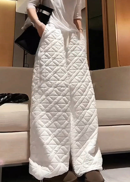 Italian White Asymmetrical Plaid Elastic Waist Pants Spring Ta055