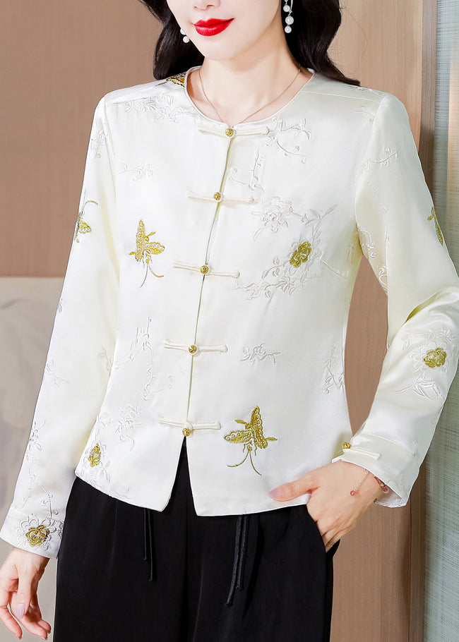 Italian White Embroidered Button Silk Coat Fall Qo008