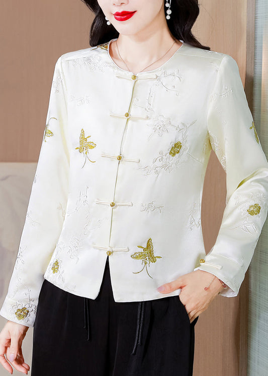 Italian White Embroidered Button Silk Coat Fall Qo008