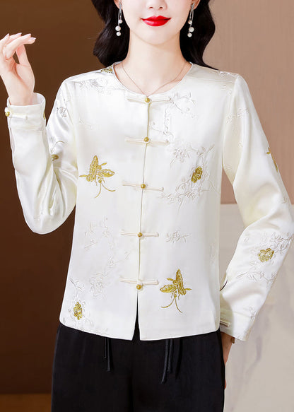 Italian White Embroidered Button Silk Coat Fall Qo008