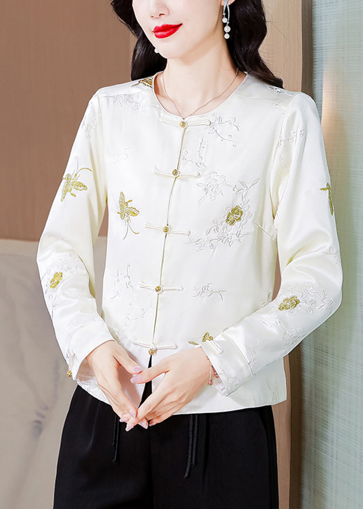 Italian White Embroidered Button Silk Coat Fall Qo008