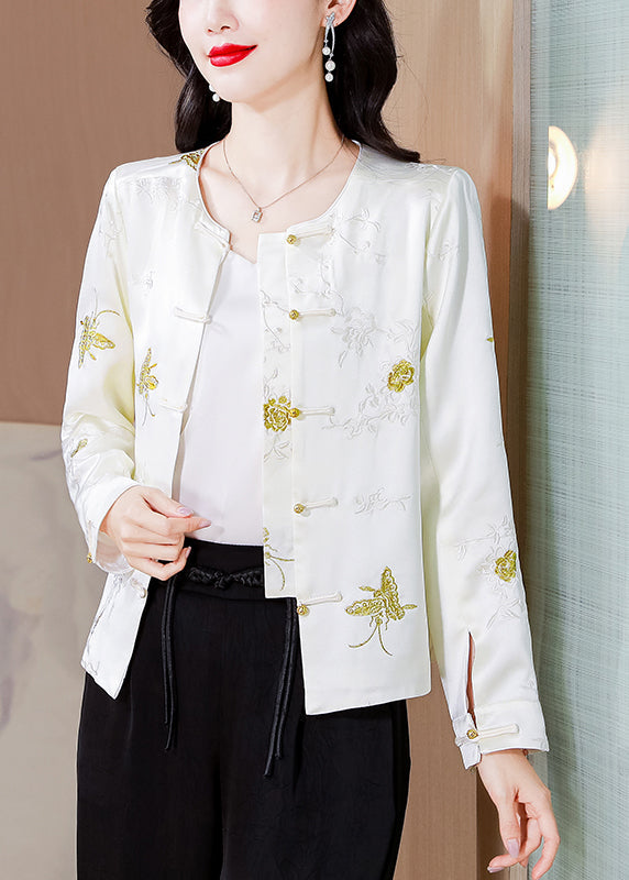 Italian White Embroidered Button Silk Coat Fall Qo008