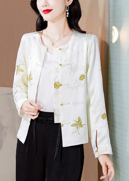 Italian White Embroidered Button Silk Coat Fall Qo008
