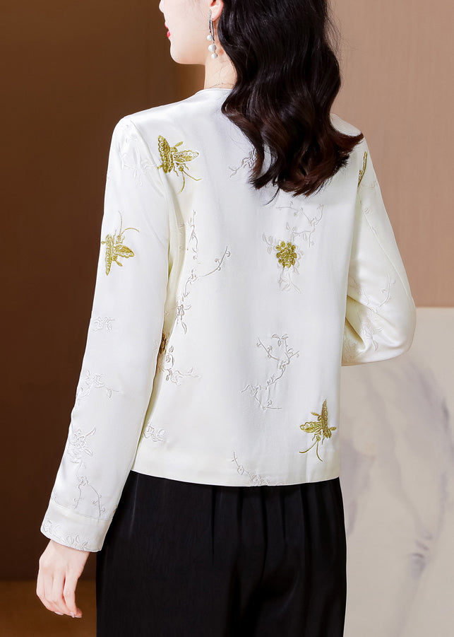 Italian White Embroidered Button Silk Coat Fall Qo008