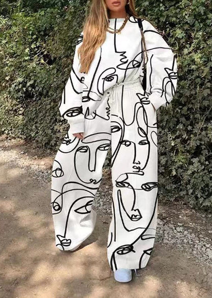 Italian White Print Top and Wide Leg Pants Two Piece Set Spring Ly1950