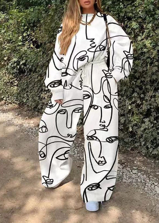 Italian White Print Top and Wide Leg Pants Two Piece Set Spring Ly1950
