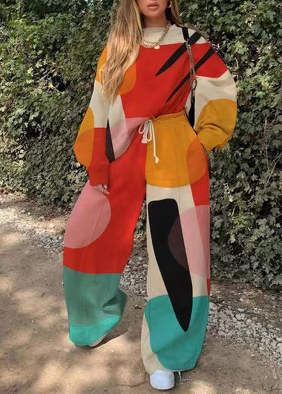 Italian White Print Top and Wide Leg Pants Two Piece Set Spring Ly1950