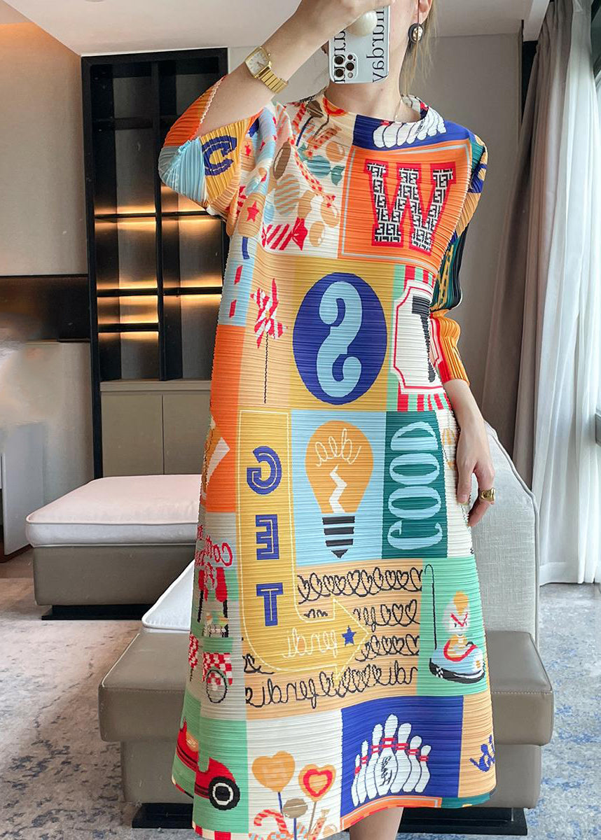 Italian Yellow O-neck Print Maxi Dresses Bracelet Sleeve Gh1051