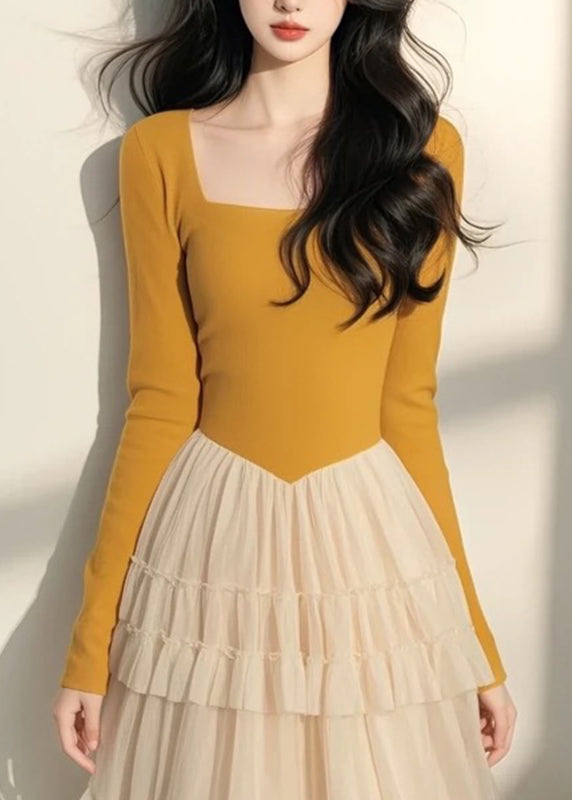 Spring Italian Long Dress Tulle Collar Yellow Patchwork Square