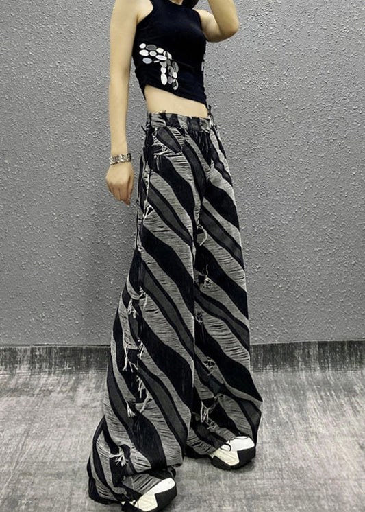 Italian Zebra Pattern Pockets Denim Wide Leg Pants Fall Ri012