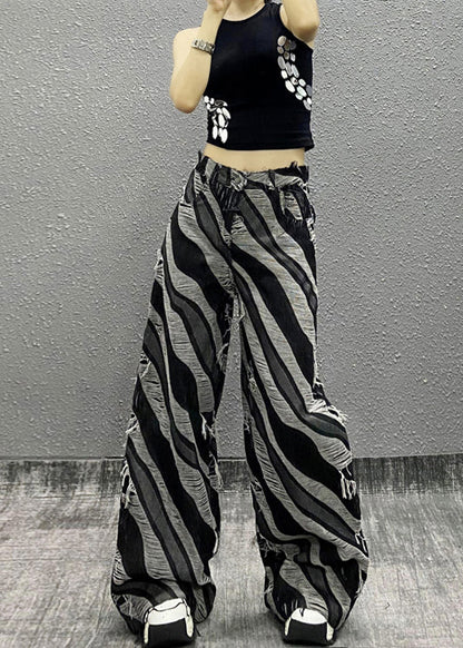 Italian Zebra Pattern Pockets Denim Wide Leg Pants Fall Ri012