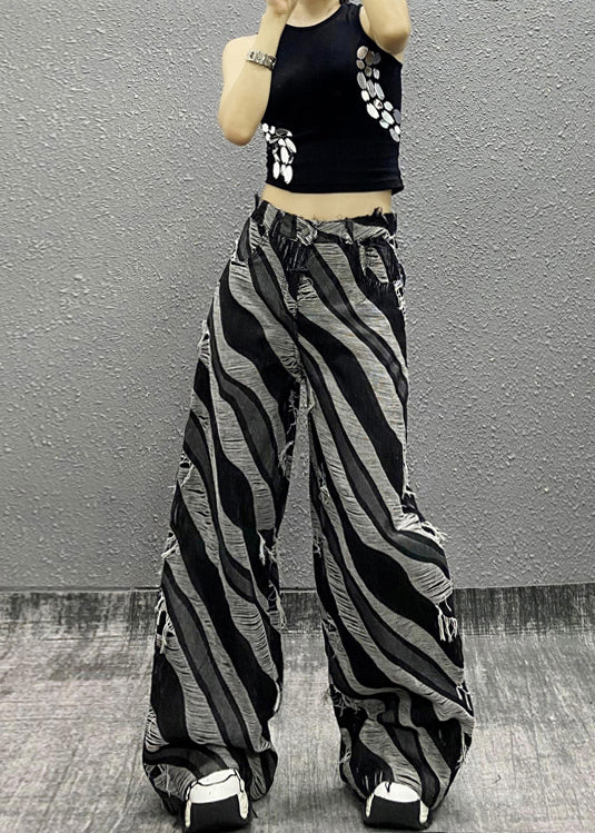 Italian Zebra Pattern Pockets Denim Wide Leg Pants Fall Ri012
