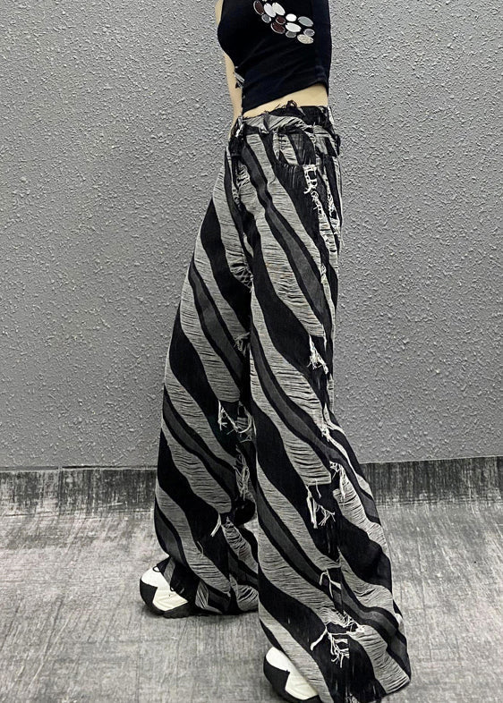 Italian Zebra Pattern Pockets Denim Wide Leg Pants Fall Ri012