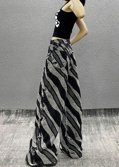 Italian Zebra Pattern Pockets Denim Wide Leg Pants Fall Ri012