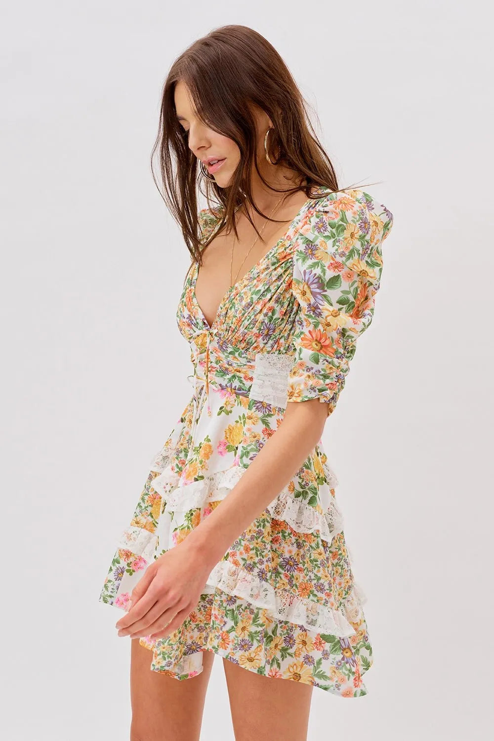 V-neck Puff Sleeve Ruffle Hem Mini Dress Yellow
