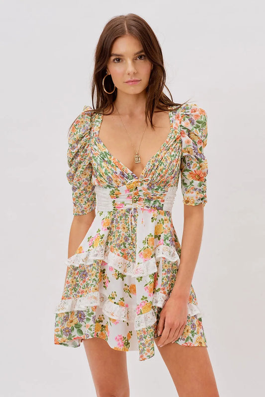 V-neck Puff Sleeve Ruffle Hem Mini Dress Yellow