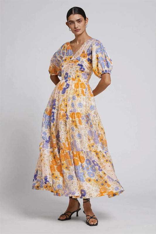 Puff Sleeve V-neck Maxi Dress