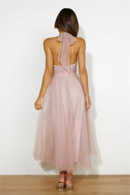 Sleeveless Lace Up Halter Neck Midi Dress Pink