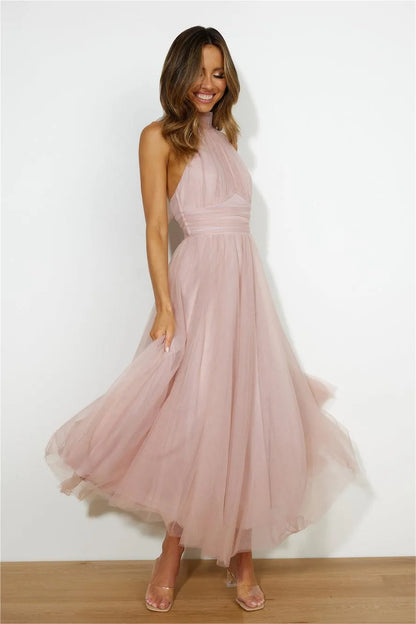 Sleeveless Lace Up Halter Neck Midi Dress Pink