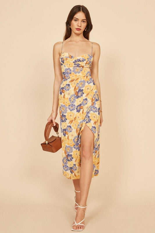 Cami Lace Up Slim Slit Midi Dress Yellow