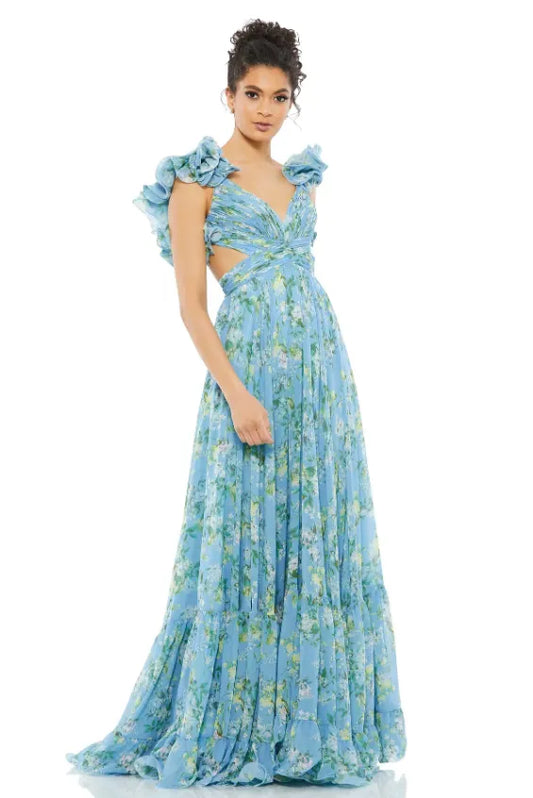V-neck Cut-out Ruffle Hem Maxi Dress Blue