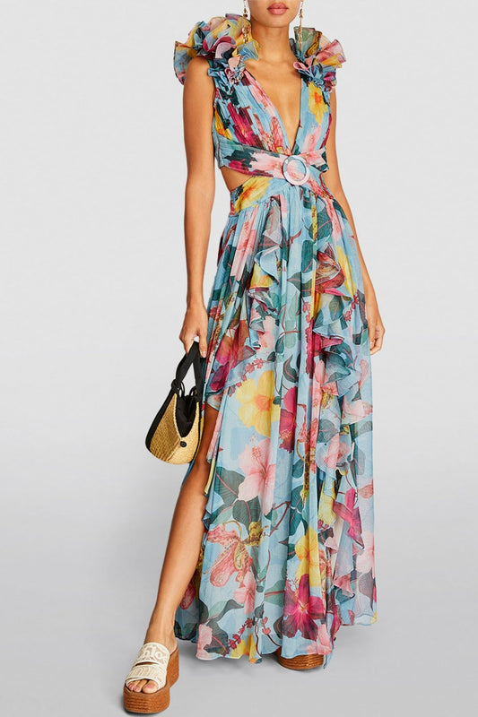Sleeveless V-neck Ruffle Hem Lace Up Maxi Dress