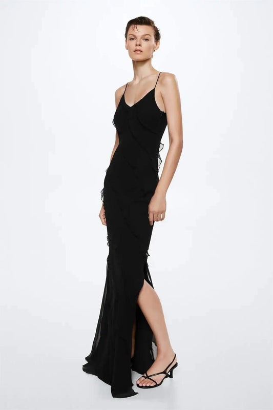 Ruffle Hem Slit Cami Maxi Dress Black