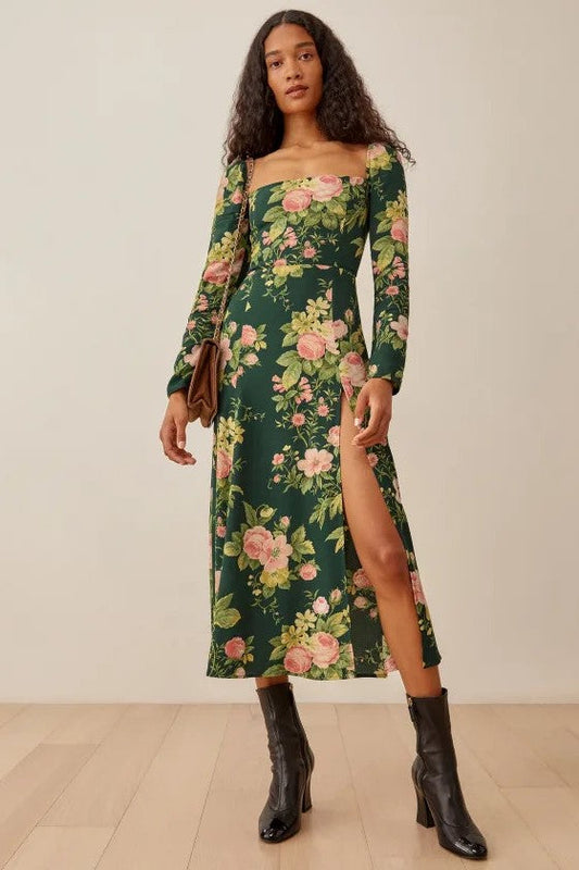 Long Sleeve Square Collar Slit Midi Dress
