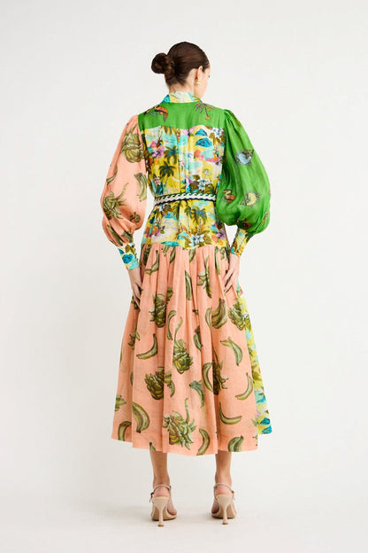 Printed Long Sleeve Lapel Lace Up Midi Dress