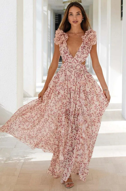 V-neck Tapered Waist Slit Midi Dress