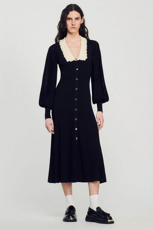 Lantern Sleeve Lapel Knit Midi Dress Black