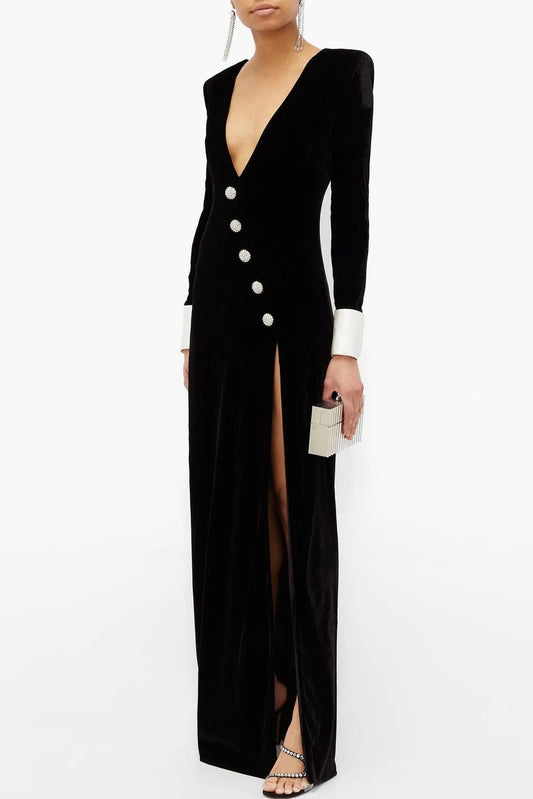 Long Sleeve V-neck Slit Maxi Dress