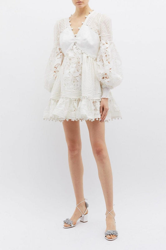 Lantern Sleeve V-neck Lace Mini Dress White