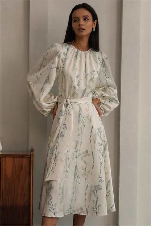 Lantern Sleeve Crew Collar Lace Up Midi Dress