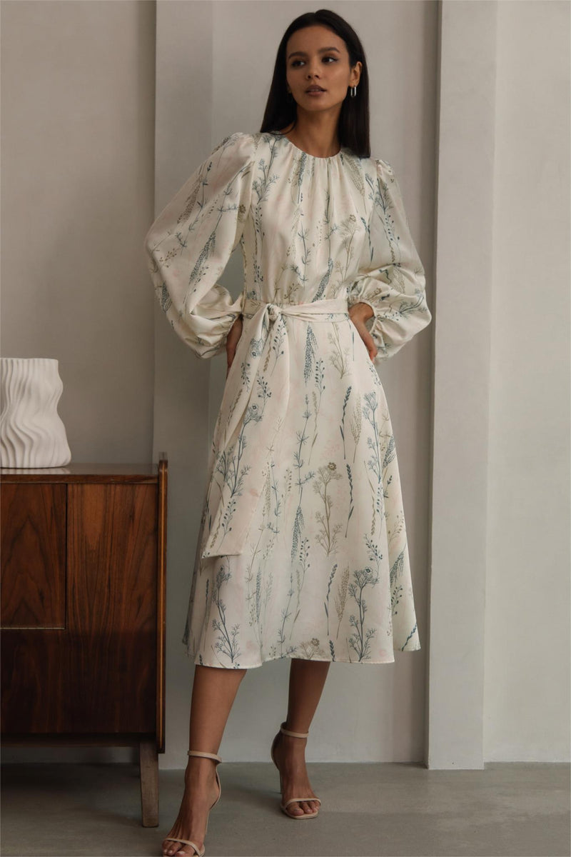 Lantern Sleeve Crew Collar Lace Up Midi Dress