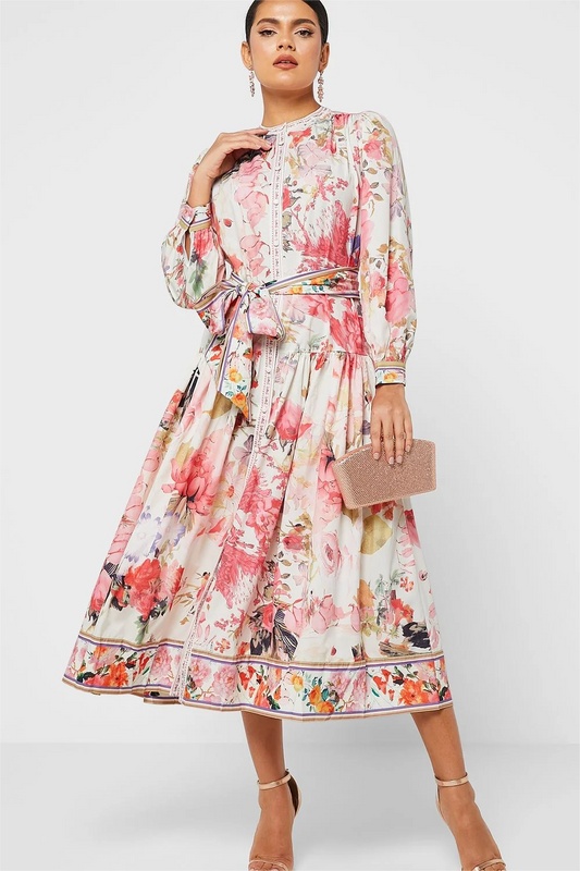Long Sleeve Crew Collar Buttoned Lace Up Midi Dress