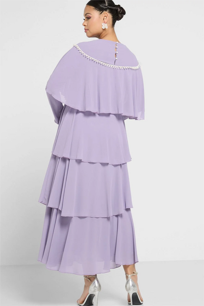 Long Sleeve Crew Collar Ruffle Hem Layered Maxi Dress Purple