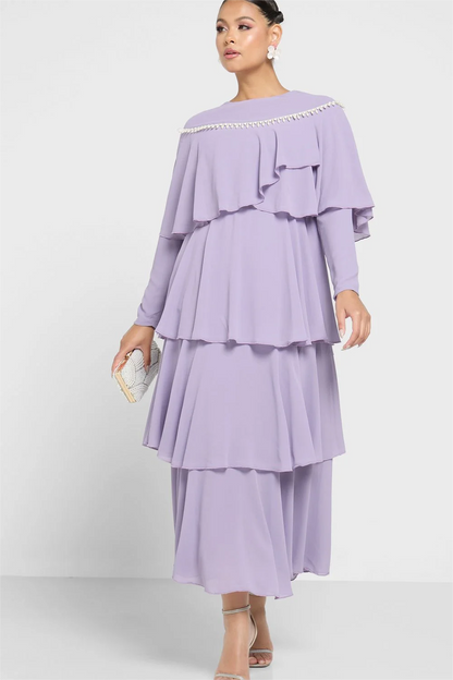 Long Sleeve Crew Collar Ruffle Hem Layered Maxi Dress Purple