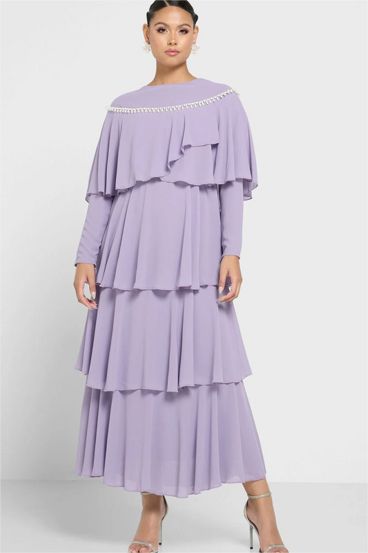 Long Sleeve Crew Collar Ruffle Hem Layered Maxi Dress Purple