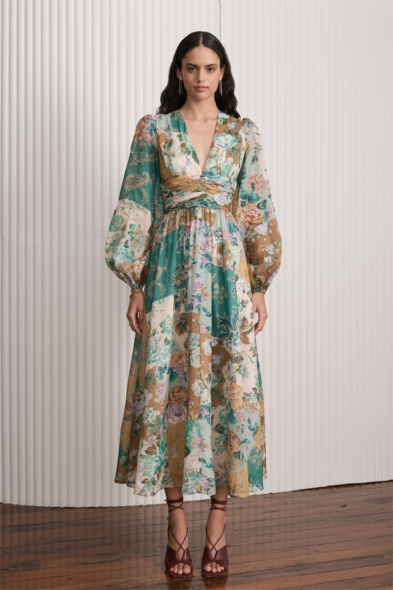 Printed Long Sleeve V-neck Midi Dress