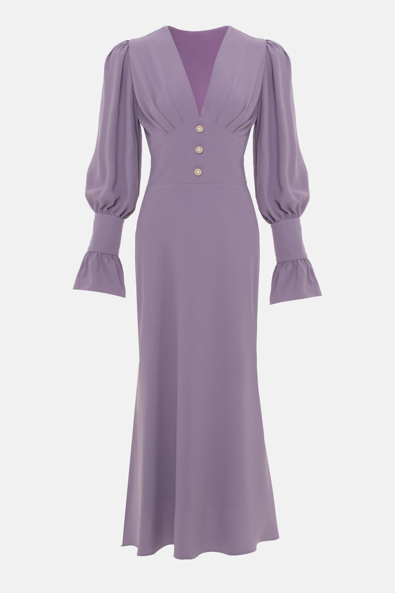 V-neck Lantern Sleeve Midi Dress
