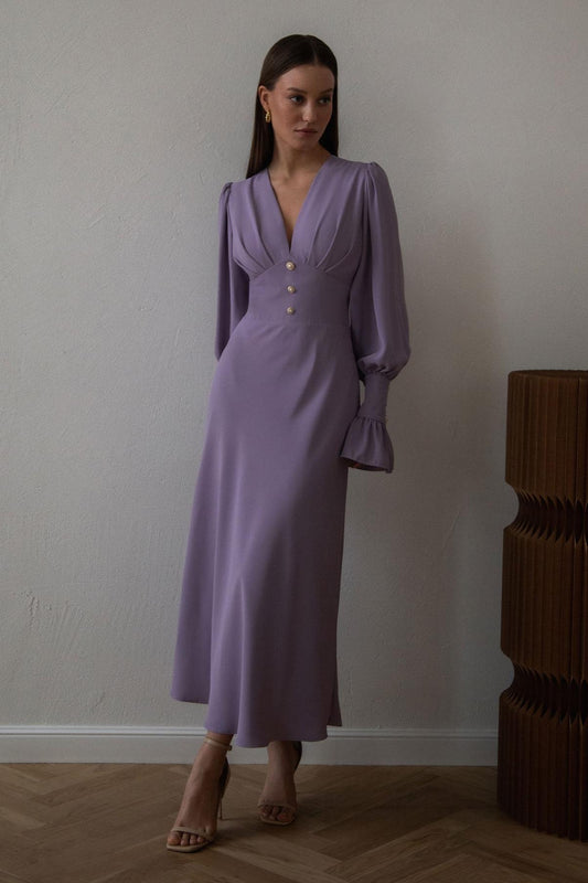 V-neck Lantern Sleeve Midi Dress