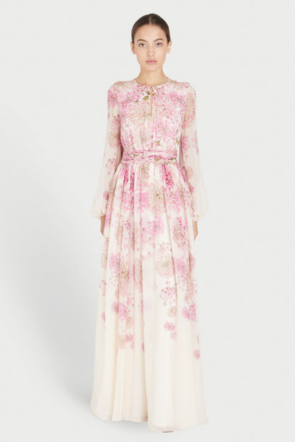 Print Round Neck Puff Sleeve Maxi Dress