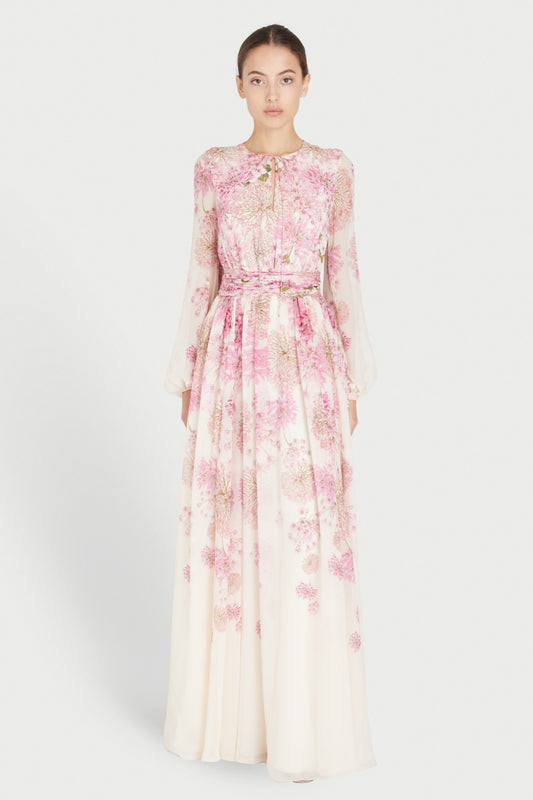 Print Round Neck Puff Sleeve Maxi Dress